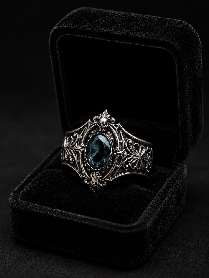 Skull ring with white topaz — Dark Academia Victorian mourning jewellery, handcrafted 925 sterling silver