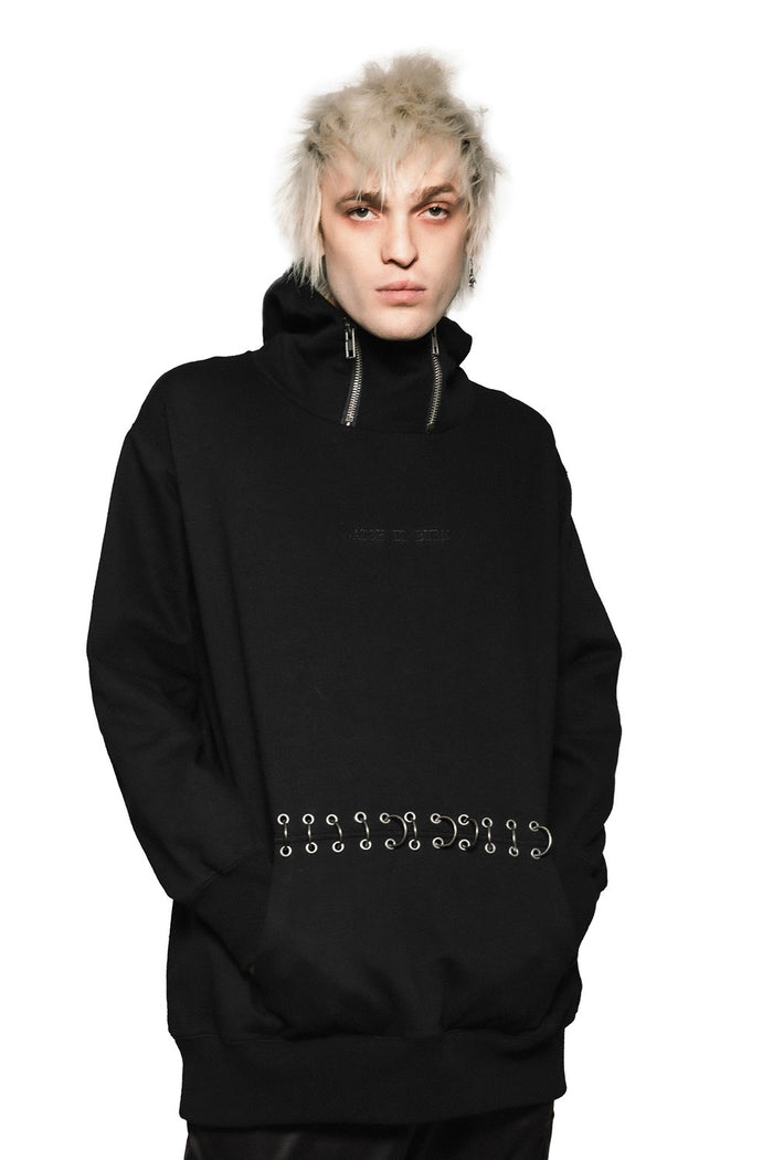 emo black durable hoodie with rings and eyelets