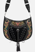 Black handbag with floral and butterfly embroidery on a white background