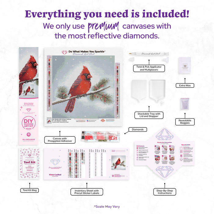 Diamond Painting Winter Cardinal 13" x 13" (32.8cm x 32.8cm) / Round with 42 Colors including 3 ABs and 1 Special Diamonds / 13,657