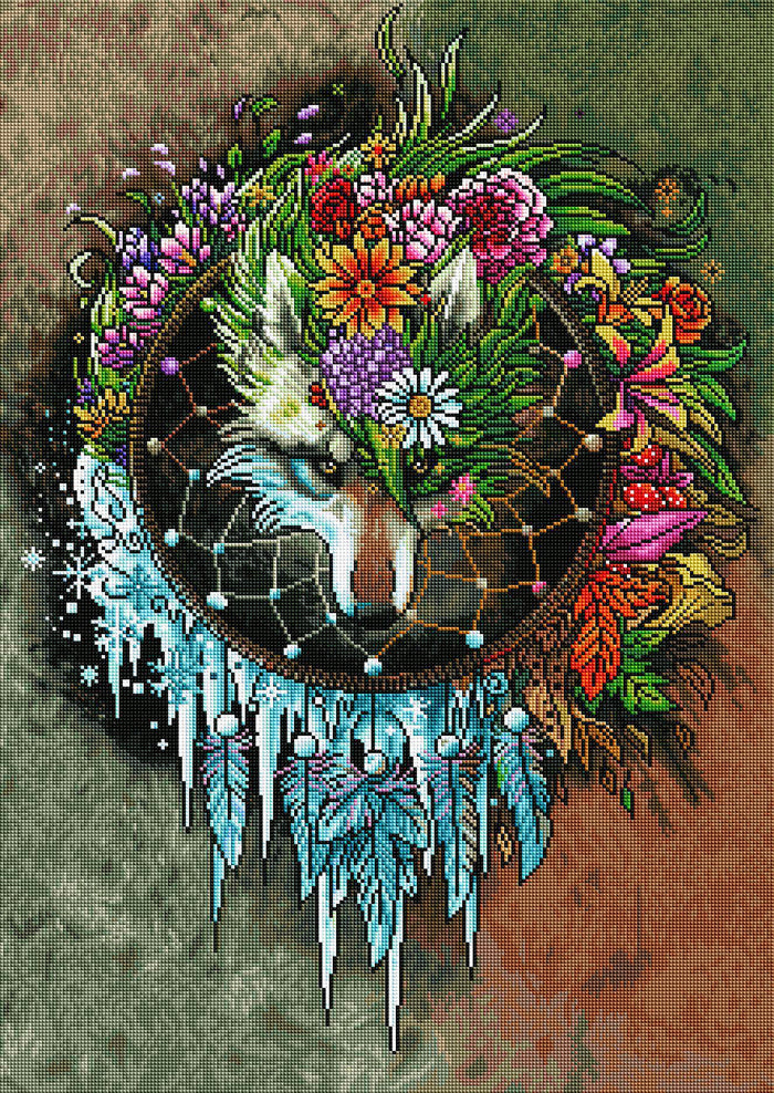 Diamond Painting Wolf Seasons Dreamcatcher 22" x 31" (56cm x 79cm) / Square with 63 Colors including 3 ABs / 68,952